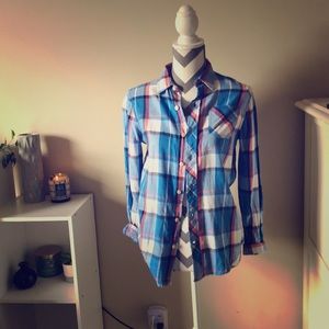 Two blue/teal flannels lightly worn